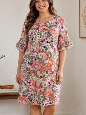 Perceptions NEW Floral Shift Dress Ruffle Sleeves Sz L Coquette Summer Modest